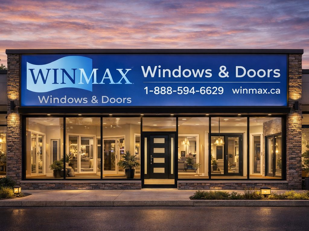 Winmax Windows & Doors showroom in Calgary with display windows, entry doors, storefront sign, phone number, and website