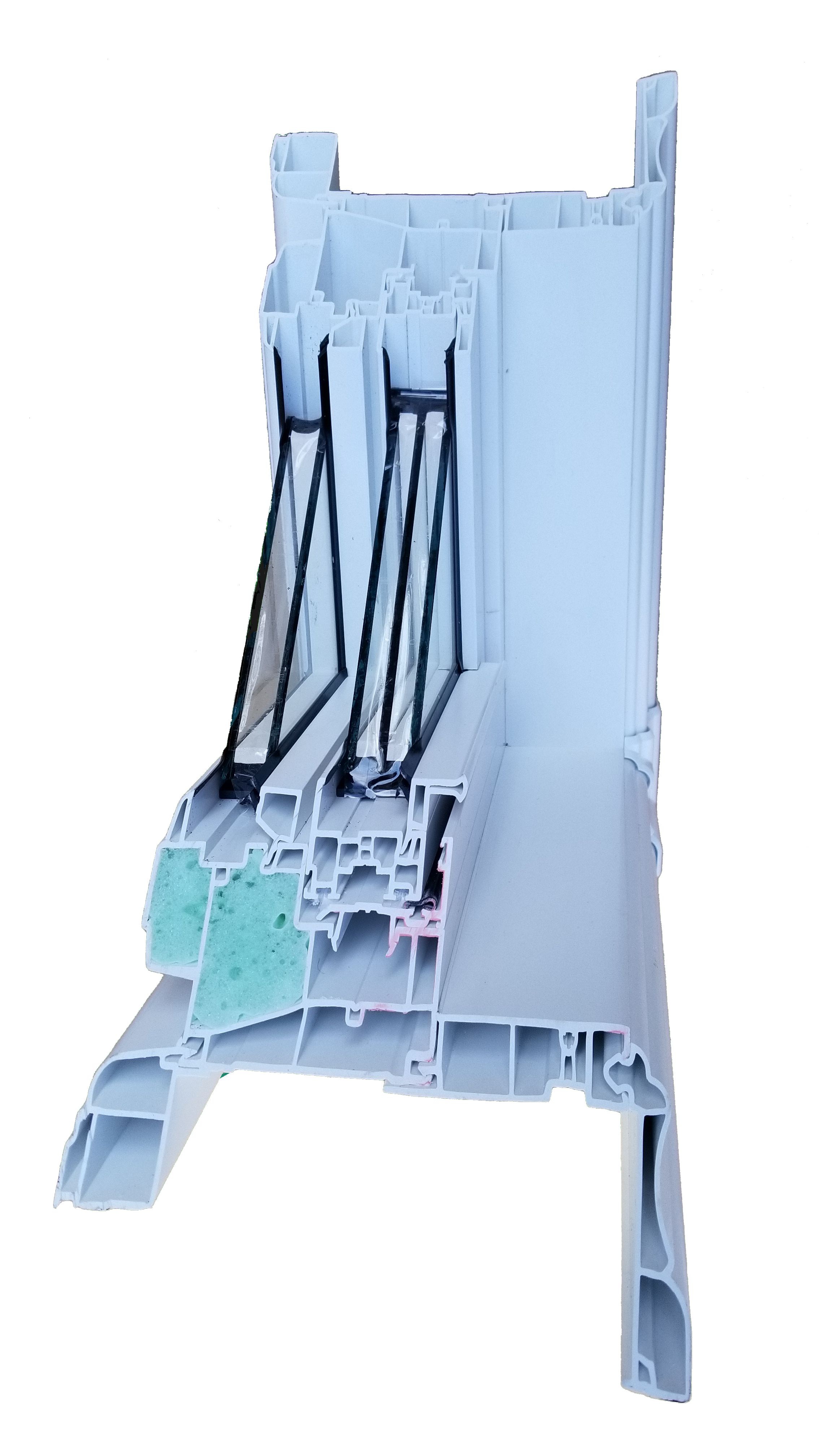 Triple pane vinyl window cross-section showing insulated glass and frame profile