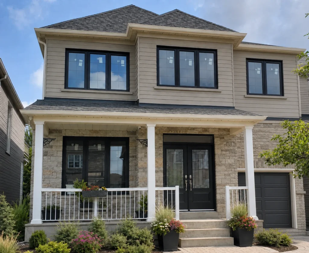 Calgary home with stone exterior, premium siding and energy-efficient replacement windows