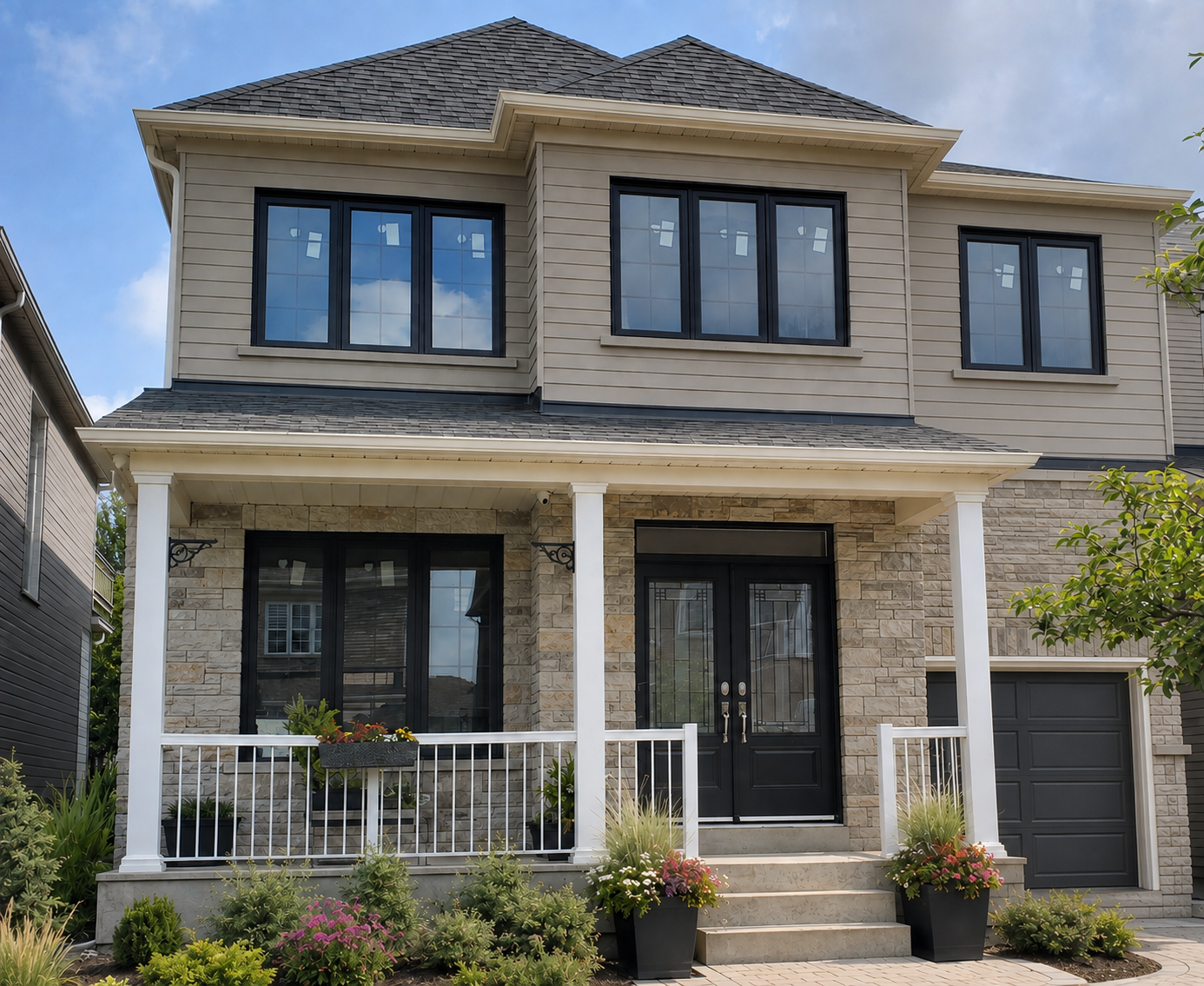 Calgary home with stone exterior, premium siding and energy-efficient replacement windows