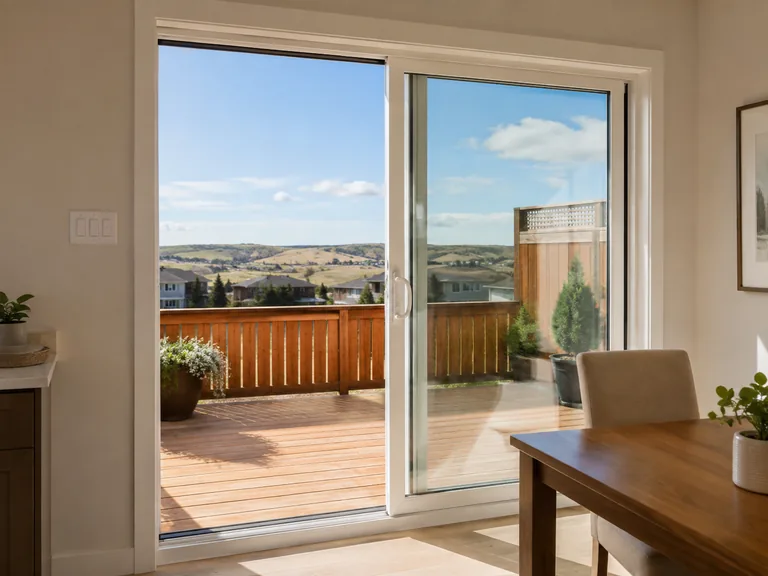 White vinyl sliding patio door open to a deck at a Cochrane home
