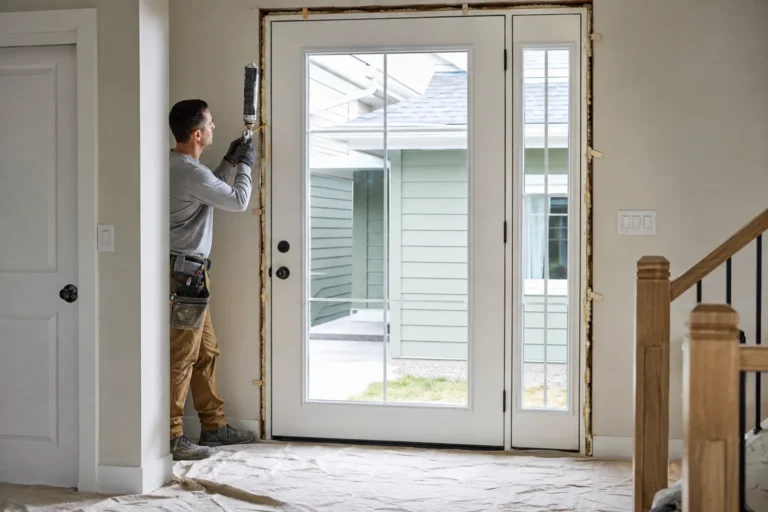 Professional exterior door installation with low-expansion foam and protected flooring