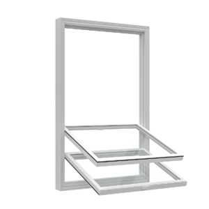 Double-hung window with both sashes tilted inward for cleaning