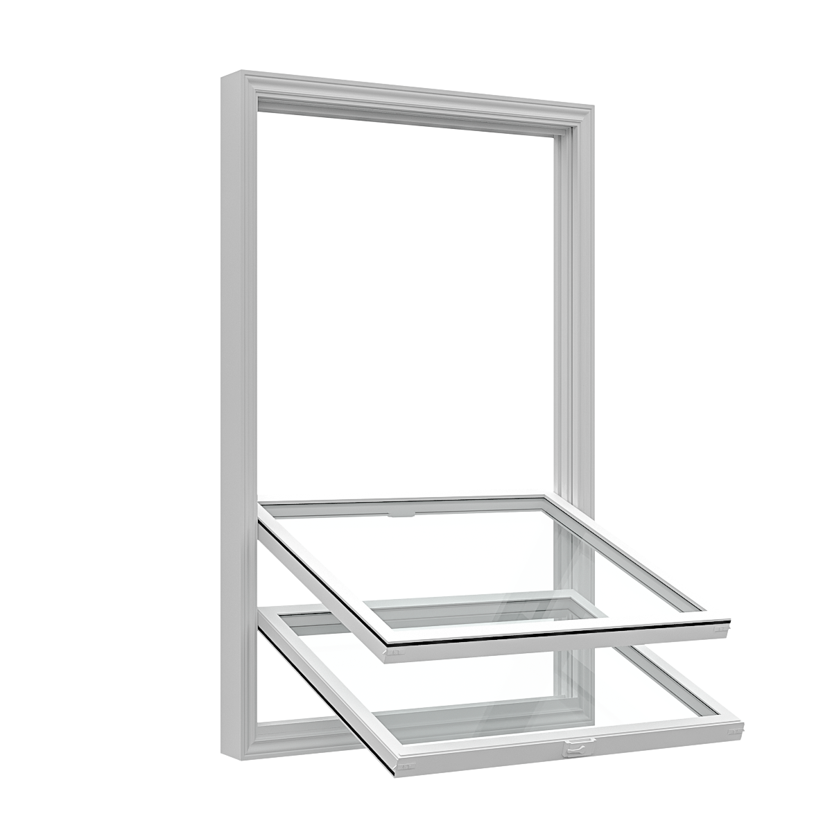 White vinyl double hung tilt window with both sashes tilted inward for cleaning