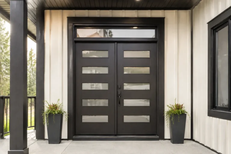 Modern double steel entry doors installed on a Calgary home with board-and-batten siding