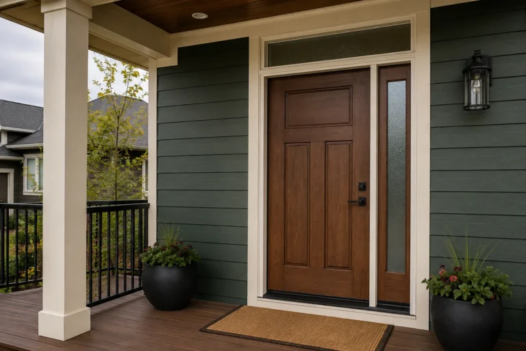 Walnut-look fiberglass entry door installed on a home with green siding