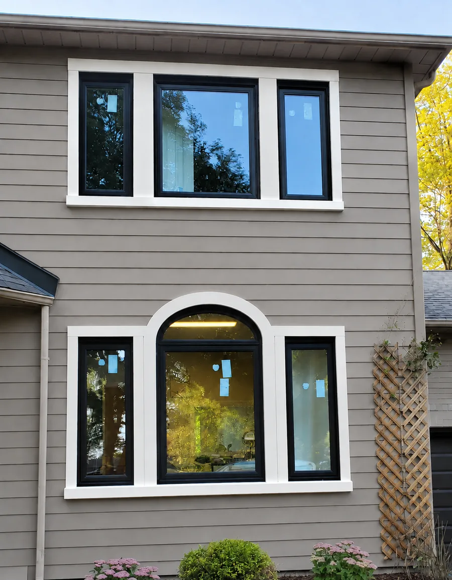 Langdon home with black vinyl replacement windows and premium horizontal siding