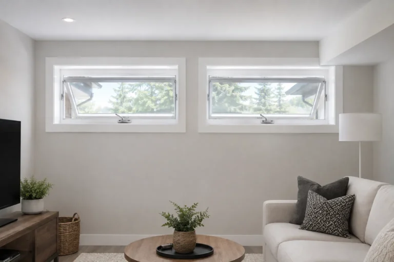 Two white vinyl awning windows with visible frame-mounted operators