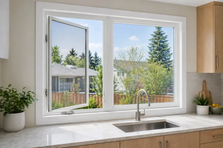 White vinyl casement and fixed window combination in a Strathmore kitchen