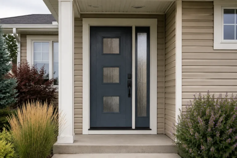 Dark blue fiberglass front entry door on a Strathmore home