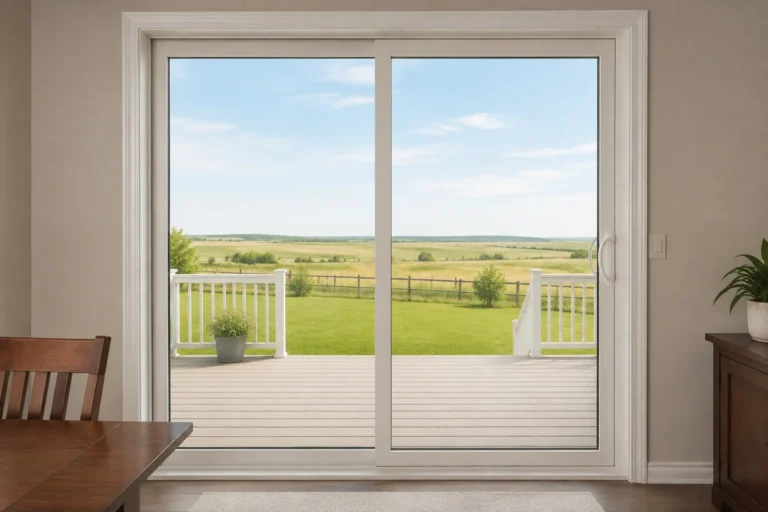 Two-panel white vinyl sliding patio door with equal fixed and operating sections