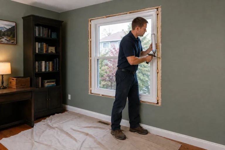 Installer applying low-expansion foam around a vinyl window in a Strathmore home