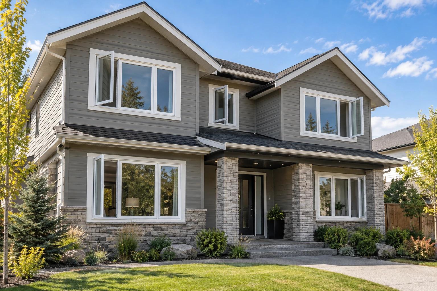 Calgary home with modern white vinyl casement windows