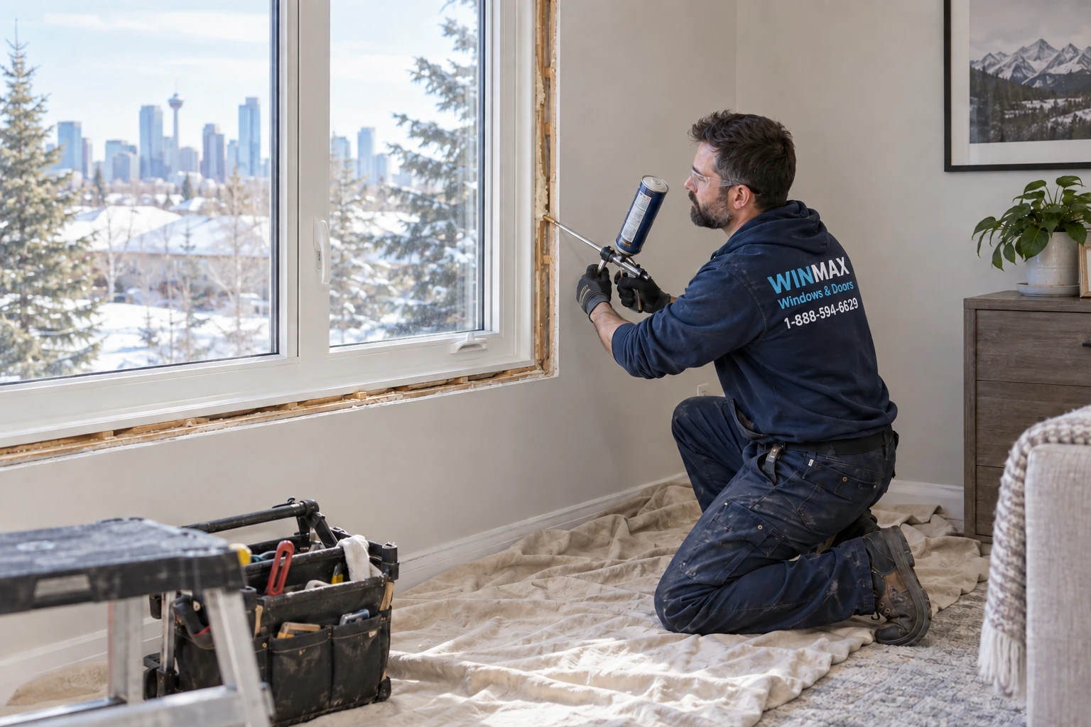 Winmax installer insulating a vinyl casement window in Calgary