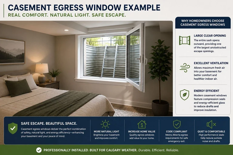 Casement egress window example for Calgary basement bedrooms